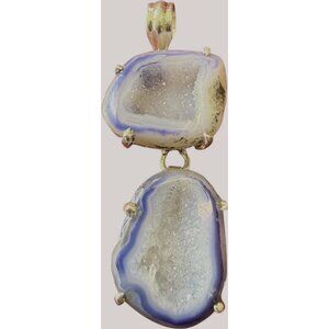 Silver Tone Pendant Double Blue & White Agate Geodes Druzy Design